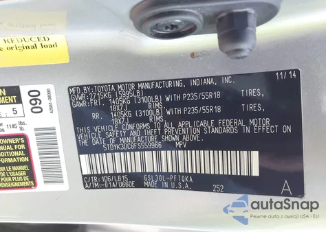 2015 Toyota Sienna Limited Premium 7 Passenger from USA, damaged, VIN 5TDYK3DC8FS559966